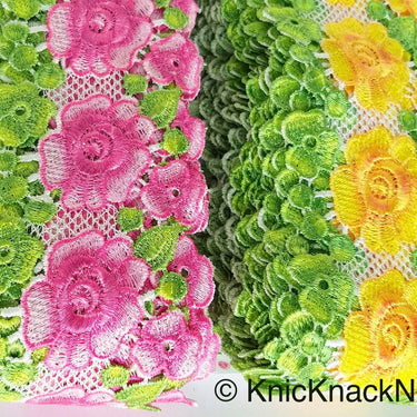Yellow / Pink, Green and White Embroidered Flower Lace Trim, Approx 80mm wide